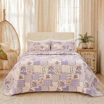 Boho Floral Patchwork Quilt Set Twin Size, Purple Country Bedspread Coverlet with Pillow Sham, Soft Lightweight Microfiber Bedding for All Seasons, Farmhouse Cottage Bedroom Decor, 68 x 86 Inch