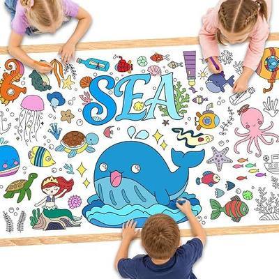 Sea Giant Coloring Poster, 72 x 30 Inches Summer Crafts Color-in Activities Party Games, Ocean Animals Large Coloring Tablecloth for Kids School Classroom Home Birthday Decor Party Supplies