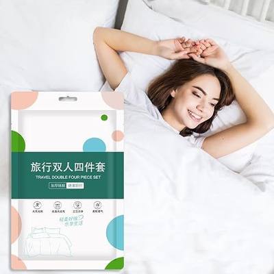4 pcs Quality Disposable Travel Bedset Large Size Bed Linens including One Bedsheet, One Quilt Cover, Two Pillowcases, Portable Ready-to-Use Bedding Set Breathable for Holiday Trip Hotel Hospital