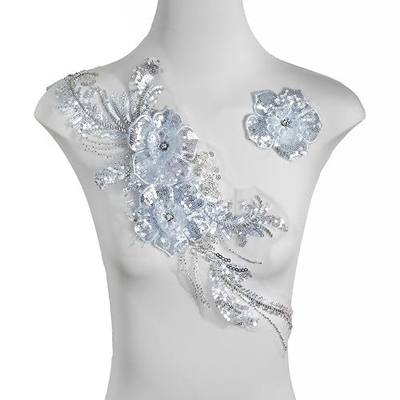 Sequin 3D Flowers Lace Applique,DIY Sew on Beaded Fabric Embroidered Flower Patch for Wedding Dress,Clothes,Dance Costumes (Light Blue)