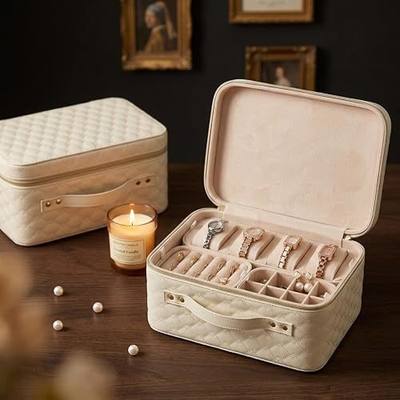 Large Jewelry Box for Women, Quilted Travel Organizer with Modular Design | Removable trays store rings, earrings, necklaces and watches. Premium PU leather exterior with soft velvet lining