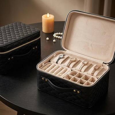 Large Jewelry Box for Women, Quilted Travel Organizer with Modular Design | Removable trays store rings, earrings, necklaces and watches. Premium PU leather exterior with soft velvet lining