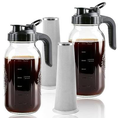 Cold Brew Coffee Maker 64oz Iced Coffee Maker with Stainless Steel Filter | Wide Mouth Glass Pitcher with Pour Spout Lid Cold Brew Pitcher with Ergonomic Handle Airtight Mason Jar Pitcher with Filter