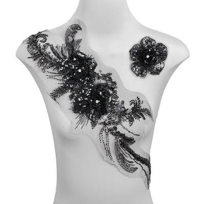 Sequin 3D Flowers Lace Applique,DIY Sew on Beaded Fabric Embroidered Flower Patch for Wedding Dress,Clothes,Dance Costumes (Black)