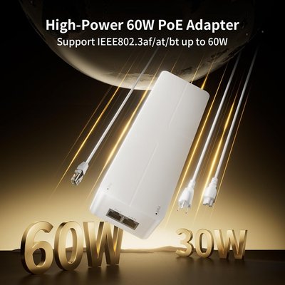 2.5G PoE++ Injector, 60W IEEE 802.3af/at/bt Injector Adapter, Up to 100m(328ft) Transmission, Plug & Play, 100/1000/2500Mbps, Wall Mountable for IP Camera, WiFi AP, IP Phone
