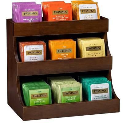 Bamboo Tea Bag Organizer, 3-Tier Tea Storage Box with 9 Compartments, Holds Up to 180 Bags, Tea Holder Organizer for Coffee Station, Kitchen Countertop, Pantry and Cabinet | No Installation Required | Natural Bamboo | No Burrs | No Odor | Sturdy & Durable | Rustic Style