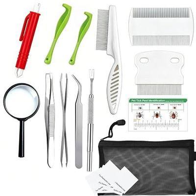 Tick Removal Tool Kit for Humans, Dogs & Cats, 13-in-1 Stainless Steel Tick Remover with Tweezers, Comb & Magnifying Glass - Multi-Purpose Tick Removal Set for Outdoor & Pet Use
