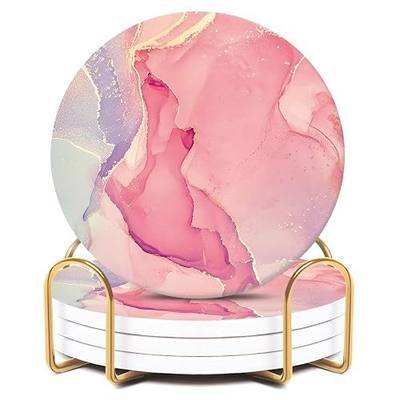 4PCS Cute Pink Ceramic Coasters for Drinks with Gold Holder | Absorbent Drink Coasters with Cork Backing for Home Desk Decor, Coffee Table, Kitchen Counters, Living Rooms, for Women Girls