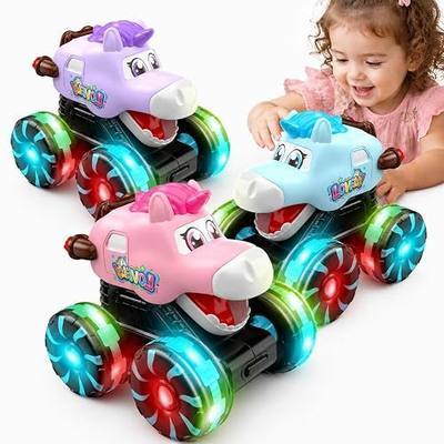 3 Pack Unicorn Monster Trucks Toy Cars For Toddlers 1-3, Press And Go Light Up Cars with LED Wheels & Chomping Mouth, Truck Toys For Kids Girls Boys, Car Toys for 1 2 3 4 Year Old Girl Birthday Gifts
