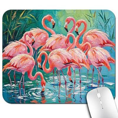 Pink Flamingo Flock Oil Painting Mouse Pad, Tropical Bird Art Desk Mat | Anti-Slip Rubber Base, Silky Smooth Surface, Cute Office/Gaming Mousepad