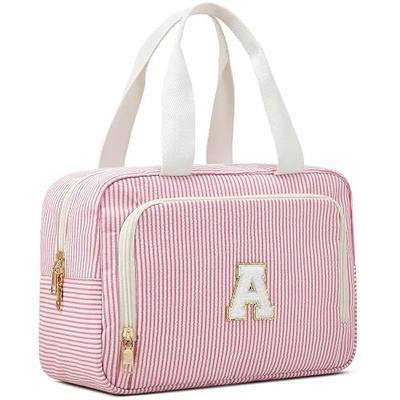 Large Initial Makeup Bag with Compartments,Striped Seersucker Toiletry Organizer with Handle, Personalized Monogram Cosmetic Bag for Skincare,Travel & Daily Storage -Pink A