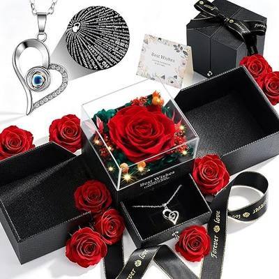 Preserved Real Red Rose with Heart Necklace I Love You 100 Languages, Eternal Flowers Romantic Gifts for Women Mom Wife Girlfriend Grandma, Valentine's Day Mother's Day Birthday Anniversary Christmas