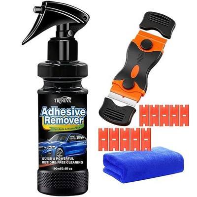 Adhesive Remover, Sticker Remover for Car Paint & Glass – Spray that Dissolves Decal, Glue & Tape Residue, Safe on Surfaces, Removes Sticky Labels, Includes Scraper, Spatula & Towel, 3.4oz/100ml