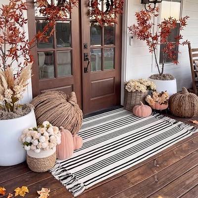 Breling Black and White Striped Front Porch Rug 28" x 43" Farmhouse Fall Front Door Mat with Tassel Rustic Home Decor Soft Hand Woven Cotton Washable Floor Rug for Outdoor Porch Entryway Patio Kitchen