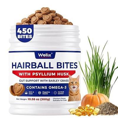 Wellix 10.58 oz Hairball Bites for Cats, Helps Relieve Hairballs | 450 Crunchy Cat Hairball Bites – Treatment & Relief with Psyllium Husk, Barley Grass & Omega-3 Fish Oil for Digestive Support