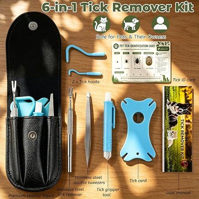 Tick Remover Tool Kit, 6-in-1 Professional Tick Removal for Dogs Cats Blue | Stainless Steel Tick Removal Tool & Tweezers with Leather Case and Pocket Tick Identification Card