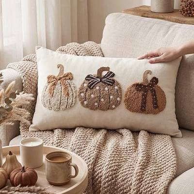 Boao Fall Pumpkin Pillow Covers 12x20 Rustic Boho Brown Beige Lumbar Pillow Case Chenille Knit Embroidery Patchwork Autumn Harvest Thanksgiving Decor Throw Cushion Case for Home Bedroom Sofa Couch