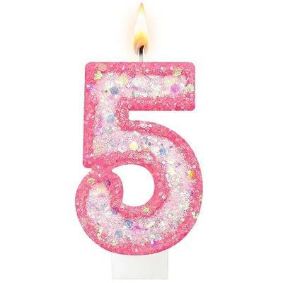 Pink Glitter Number 5 Birthday Candle with Sequins, Cake Decoration for Women, Girls, Anniversary Celebration (Pink, 5)