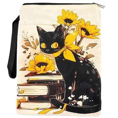 Book Sleeve with Zipper, Waterproof Fabric Book Cover Protector for Paperbacks & Hardcovers, Book Sleeve Pouch with Front Pocket, Sunflower Cat Design, Reading Travel Accessories