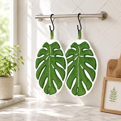 Leaf Hand Towels, 2 Pack Hanging Hand Towels with Hooks, Funny Leaf Shaped Decorative Hand Towels, Soft Absorbent Coral Fleece Towels for Bathroom Kitchen Sink