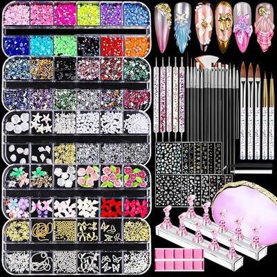 Teenitor Nail Charms and Nail Art Kit, 5 Boxes of Nail Charms and Nail Gems, 15 Pcs Nail Stickers, 20 Pcs Nail Art Brushes, 5 Pcs Nail Dotting Tools, Nail Art Palette, Nail Stand, Nail Adhesive Putty