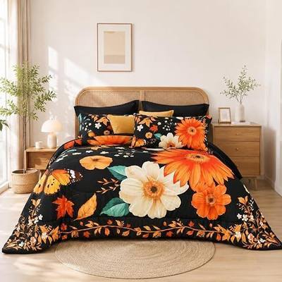 Extra Fluffy All Season Comforter Set, Floral 7 Piece Bed in a Bag King Size for Bedroom Guest Room Farmhouse Home