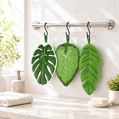 Leaf Hand Towels, 3 Pack Hanging Hand Towels with Hooks, Funny Leaf Shaped Decorative Hand Towels, Soft Absorbent Coral Fleece Towels for Bathroom Kitchen Sink