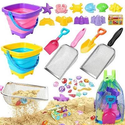 Beach Sand Toys for Kids 37Pcs Metal Sifter Shovel & Collapsible Beach Buckets Set, Sand Castle Kit, Sea Animal Molds, Diving Gem Pool Toy with Mesh Bag Sand Toys for Toddlers Age 3-10