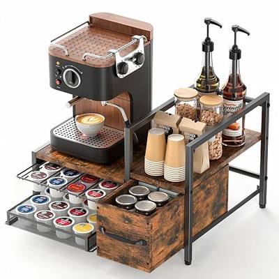 Coffee Bar Organizer For Countertop, with Sliding Storage Drawer | 2-tier Coffee Pod Holder for 48 Pods, Coffee Bar Organizer for Countertop, Space Saving, Home & Office, Black