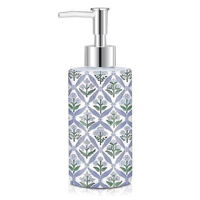 Light Steel Blue Floral Soap Dispenser Block Print Glass Dispenser with Pump Refillable Liquid Leaves Flower Soap Container for Summer Kitchen Bathroom Home Mediterranean Decor Countertop