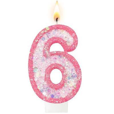 Pink Glitter Number 6 Birthday Candle with Sequins, Cake Decoration for Women, Girls, Anniversary Celebration (Pink, 6)