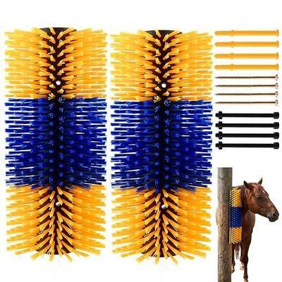 2Pcs Livestock Scratching Brush, Fence Mounted | Self-Grooming Back Scratcher for Horses, Cows, Goats, Cattle, Sheep, Includes Screws, Promotes Cleanliness