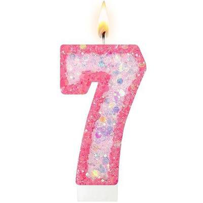 Pink Glitter Number 7 Birthday Candle with Sequins, Cake Decoration for Women, Girls, Anniversary Celebration (Pink, 7)