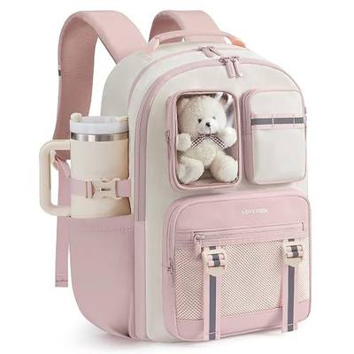 LOVEVOOK Cute School Backpack for Girls Ages 8-14, Bookbag with Plush Bear & Clear Display Pocket, Fits 15.6 Inch Laptop & 40oz Tumbler, Back to School Backpack for Elementary & Middle School