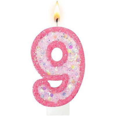 Pink Glitter Number 9 Birthday Candle with Sequins, Cake Decoration for Women, Girls, Anniversary Celebration (Pink, 9)