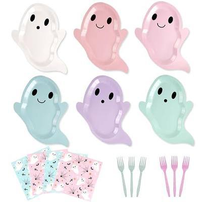 OuMuaMua 72pcs Pastel Ghost Halloween Tableware Set for 24, Cute Ghost Paper Plate with Forks & Napkins, Disposable Dinner Snack Plates for Birthday, Baby Shower, Family Gatherings Party Supplies