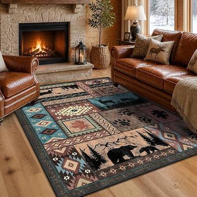 Rustic Cabin Area Rug for Living Room 5x7, Washable Southwestern Country Lodge Bear Rug, Non-Slip Low Pile Wildlife Animal Carpet for Bedroom, Dining Room, Farmhouse, Home Decor