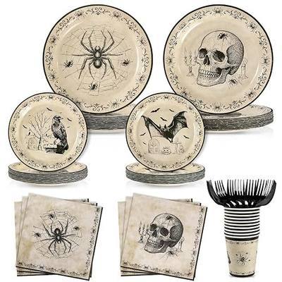Vintage Gothic Halloween Dinnerware Set, Skull Disposable Paper Plate with Spider, Bat & Crow Prints, 9 &7 Inch Dinner Plates with Cups, Napkins & Forks for Halloween Birthday Party Supplies, Serve 24