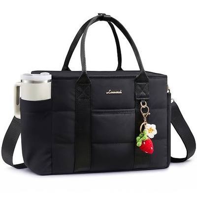 LOVEVOOK Insulated Lunch Bag Women, Puffer Adult Lunch Box for Women, Black | Wide Opening Large Loncheras Para Mujer with Cup Holder,Strawberry Charm,Leakproof Cooler Bag for Teacher Picnic Beach Travel
