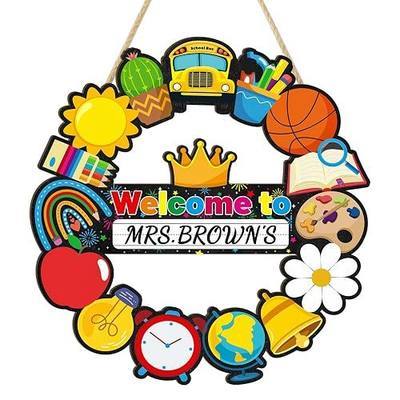Welcome Sign for Classroom Door Decor Personalized Teacher Door Sign Name Wreath Welcome to Our Classroom Hanging Sign Back to School Hollow Hanger for Front Door School Teacher Supplies