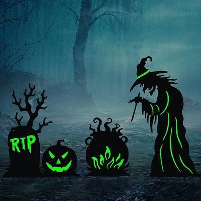 BRIGHTDECK 3 Pcs Halloween Witch Yard Signs Metal Stakes Outdoor Decoration | Scary Witch Tombstone Pumpkin Cauldron, Glow in the Dark, Waterproof Fluorescent, for Patio Lawn Garden Graveyard Party Decor