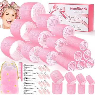 4 Sizes Heatless Rollers Hair Curlers Set with Clips Comb Storage Bag, Pink | Self Grip Curlers To Sleep In (25, 36, 48, 60mm) Jumbo Large Small for Long Short Curly Bangs Styling Volume Birthday Gifts
