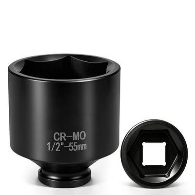 1/2" Drive 55mm Deep Impact Socket, 6-Point CR-MO Steel, Black Oxide Finish, 80mm Long, Metric Axle Nut Socket for Auto Repair & Mechanics