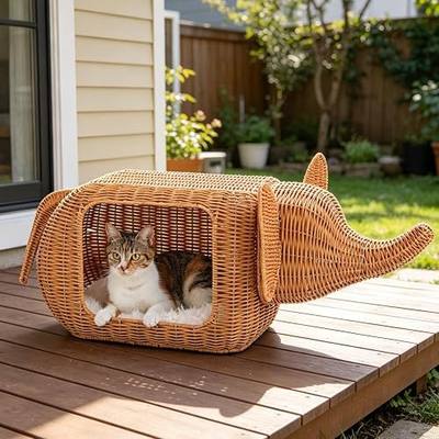PAWZ Road Elephant Rattan Cat Bed, Indoor Outdoor Condo for Large Cats | breathable rattan cat house, 51L interior fits large cats 15lbs, wicker cat bed with removable cushion