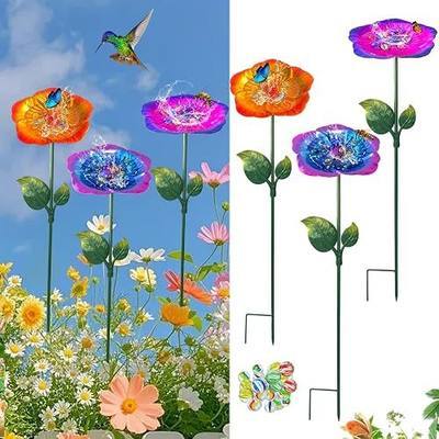 Bee Watering Station for Garden,3-Pack Large Bee & Butterfly Waterer with 40 Marbles,5.51-Inch Flower-Shaped Metal Bee Water Feeder,Attracts Outdoor Pollinators and Small Birds(Blue,Orange,Purple)