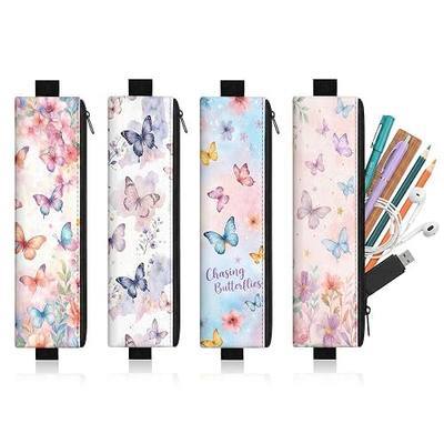 Elastic Pen Holder for Notebook, Butterfly Floral, 4 Pack | Whimsical PU Leather Book Pen Holder Pencil Case Zipper Bag for Journals Planner