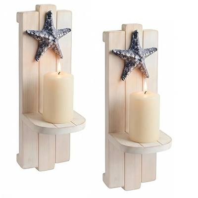 Coastal Wall Decor,Blue Starfish Wall Candle Sconces Set of 2 | 3D Starfish Design,Thick Wood,Pre-Drilled Mounting Holes,Easy Installation,Coastal Farmhouse Decor
