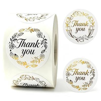 Gold Thank You Stickers 1.5 Inch, 500 PCS/Roll Elegant Floral & Tulip Design for Small Business Packaging, Wedding Favors, Gift Wrapping, Self Adhesive Labels