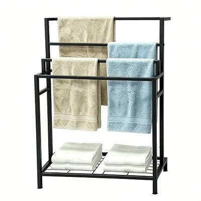 Standing Towel Rack with Shelf, 4-Tier Freestanding Towel Rack with Extra Storage Space, Stable Base Bath Blanket Holder for Bathroom, Laundry Room – Holds Towels, Blankets, Scarves, Matte Black
