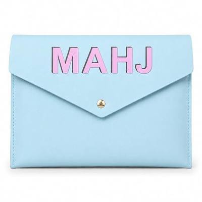 Leather Mahjong Card Clutch Pouch, 8 x 6 Inches Protective Case for American Mahjong Strategy Cards, Secure Magnetic Closure Accessories Holder, Elegant Game Night Gift (Sky Blue)